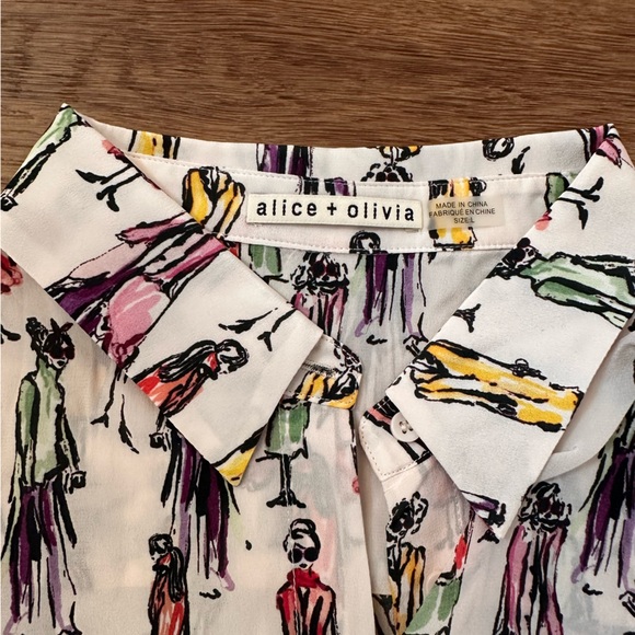 Alice + Olivia Button Down Print Melrose Stace Willa Silk Shirt Size L - Picture 3 of 11